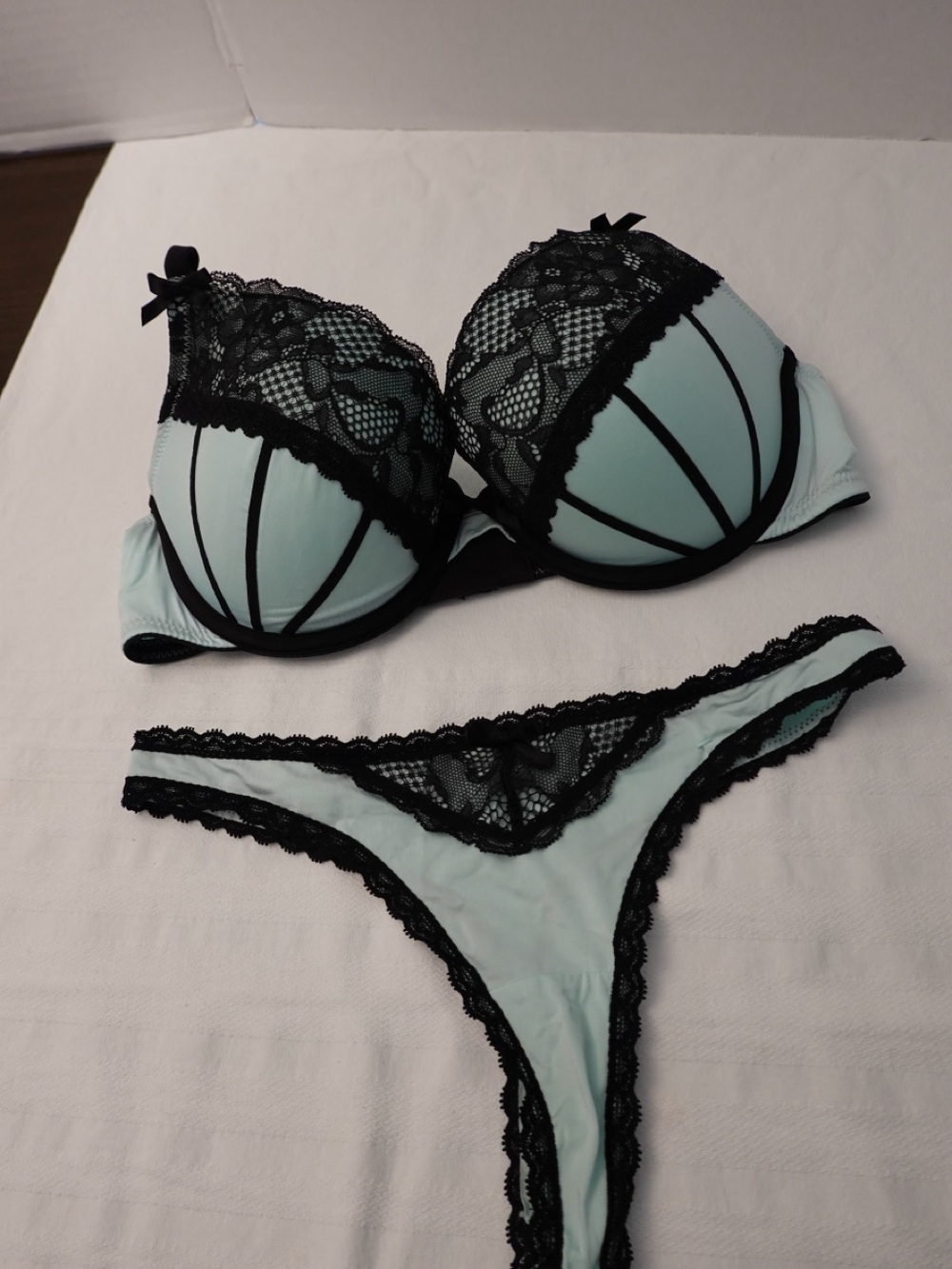 H&M Mint and Black Lace Push-Up Bra & Thong Set